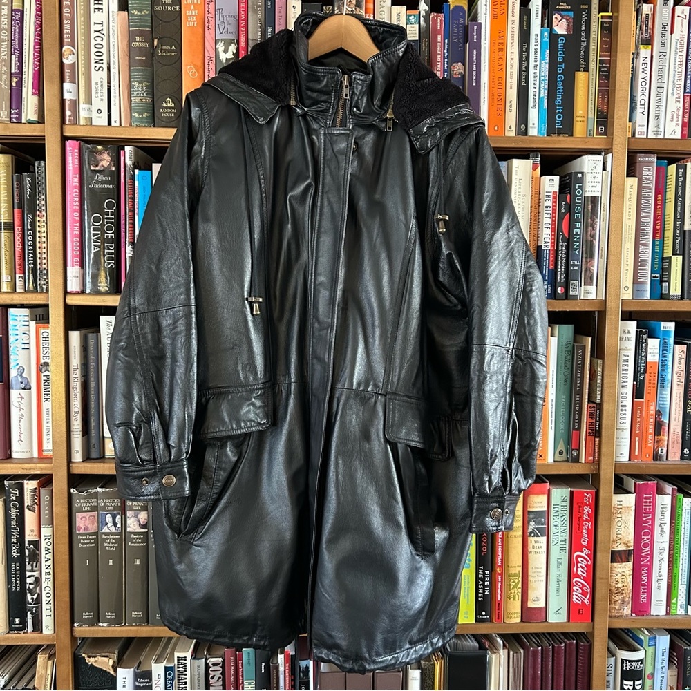 Woman Within Black Leather Faux Fur Full Zip Pockets Hood Mid Coat Jacket 20W